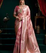 Women's baby pink satin silk zari woven saree with blouse