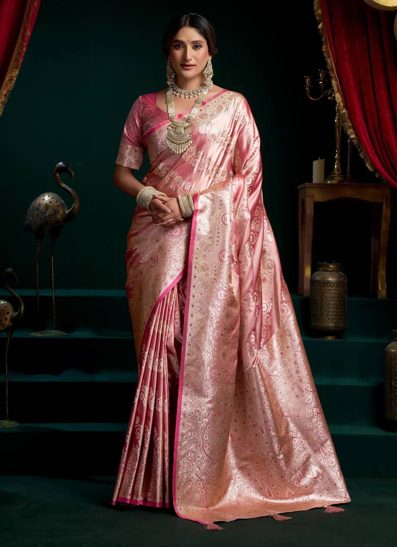 Women's baby pink satin silk zari woven saree with blouse