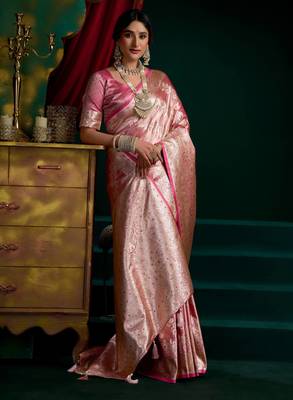 Women's baby pink satin silk zari woven saree with blouse 2