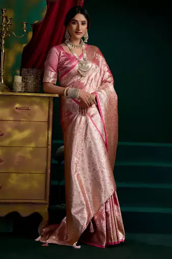 Women's baby pink satin silk zari woven saree with blouse