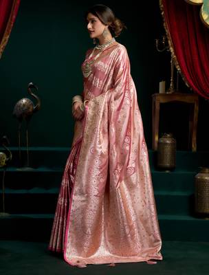 Women's baby pink satin silk zari woven saree with blouse 3