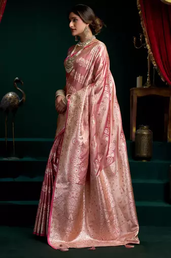 Women's baby pink satin silk zari woven saree with blouse