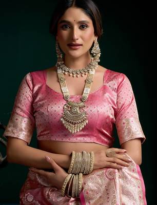 Women's baby pink satin silk zari woven saree with blouse 4