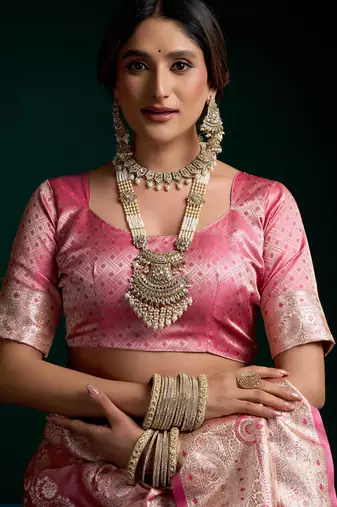 Women's baby pink satin silk zari woven saree with blouse