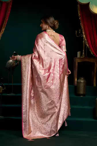 Women's baby pink satin silk zari woven saree with blouse