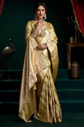 Women's mehendi satin silk zari woven saree with blouse