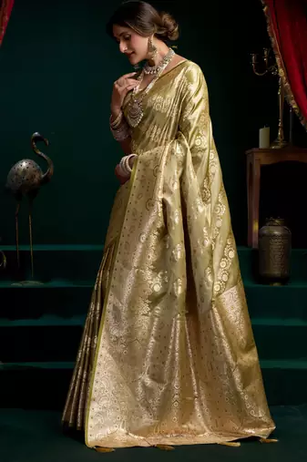 Women's mehendi satin silk zari woven saree with blouse