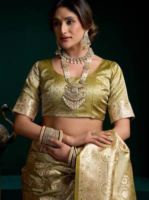 Women's mehendi satin silk zari woven saree with blouse 4