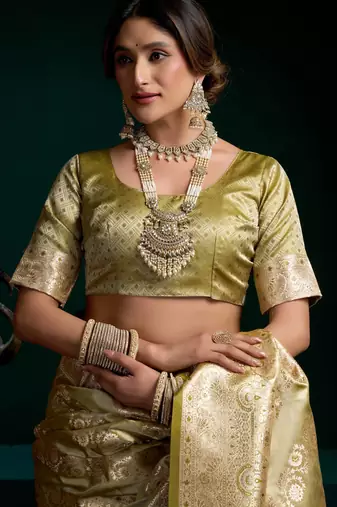 Women's mehendi satin silk zari woven saree with blouse
