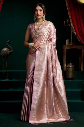 Women's purple satin silk zari woven saree with blouse