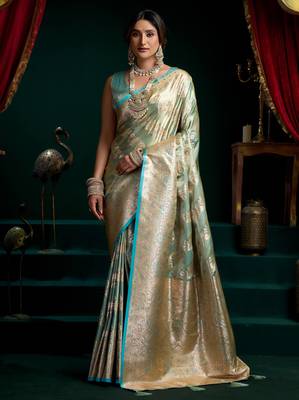 Women's turquoise satin silk zari woven saree with blouse 1
