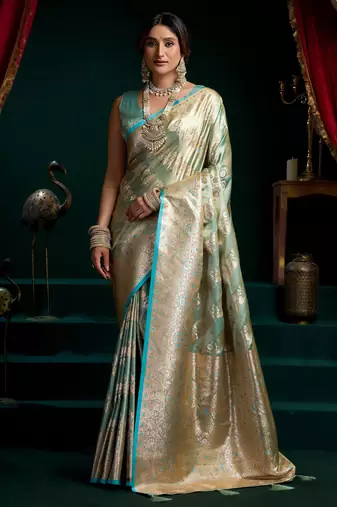 Women's turquoise satin silk zari woven saree with blouse