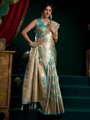 Women's turquoise satin silk zari woven saree with blouse 2