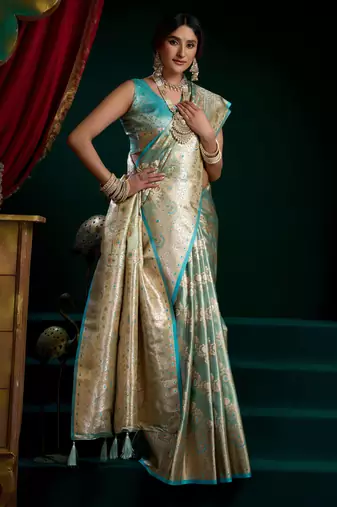 Women's turquoise satin silk zari woven saree with blouse