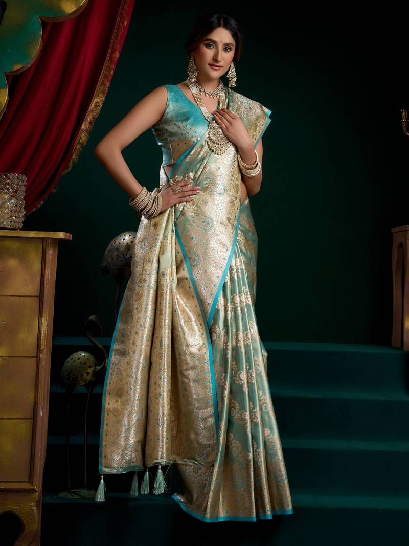 Women's turquoise satin silk zari woven saree with blouse
