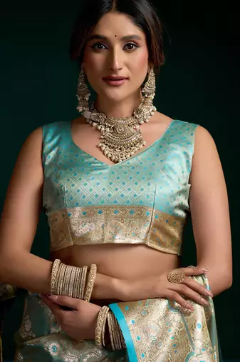 Women's turquoise satin silk zari woven saree with blouse