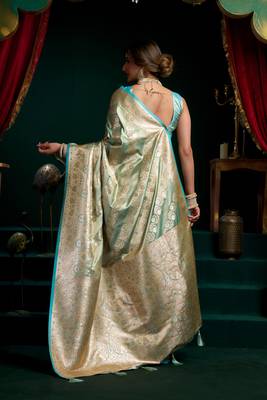 Women's turquoise satin silk zari woven saree with blouse 5