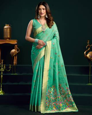Women's sea green muga cotton meena zari woven saree with blouse 1