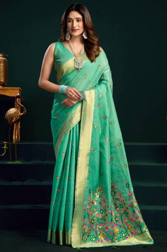 Women's sea green muga cotton meena zari woven saree with blouse