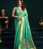 Women's sea green muga cotton meena zari woven saree with blouse