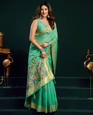 Women's sea green muga cotton meena zari woven saree with blouse 2