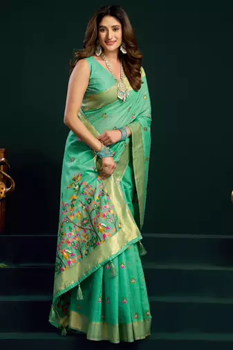 Women's sea green muga cotton meena zari woven saree with blouse