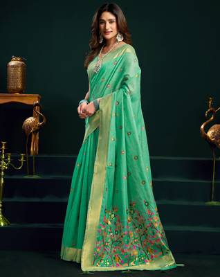 Women's sea green muga cotton meena zari woven saree with blouse 3