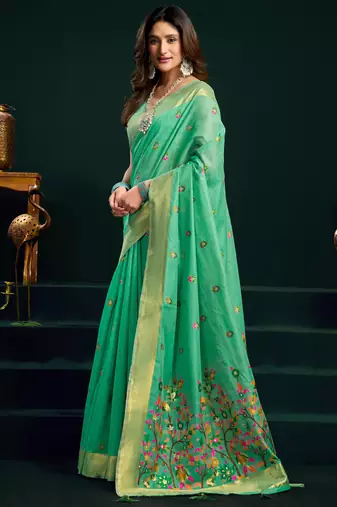Women's sea green muga cotton meena zari woven saree with blouse