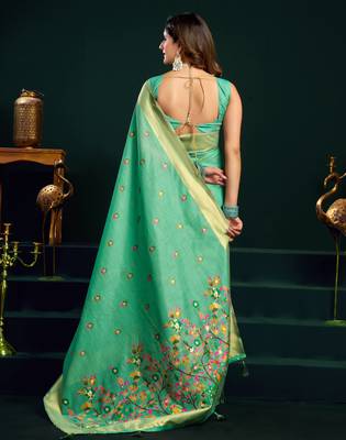 Women's sea green muga cotton meena zari woven saree with blouse 5