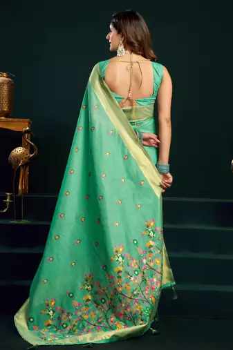 Women's sea green muga cotton meena zari woven saree with blouse