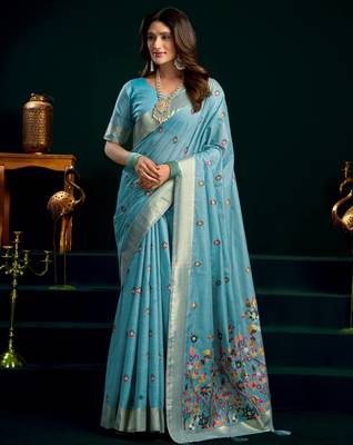 Women's turquoise muga cotton meena zari woven saree with blouse 1