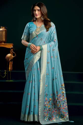 Women's turquoise muga cotton meena zari woven saree with blouse