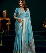 Women's turquoise muga cotton meena zari woven saree with blouse