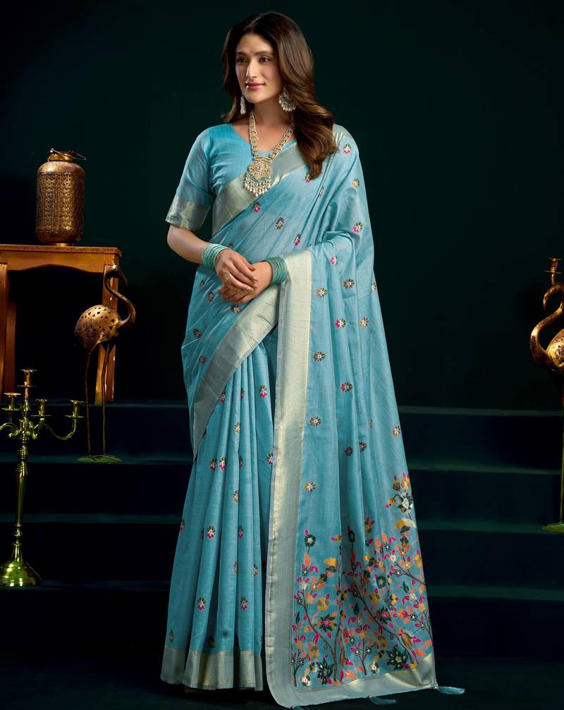 Women's turquoise muga cotton meena zari woven saree with blouse