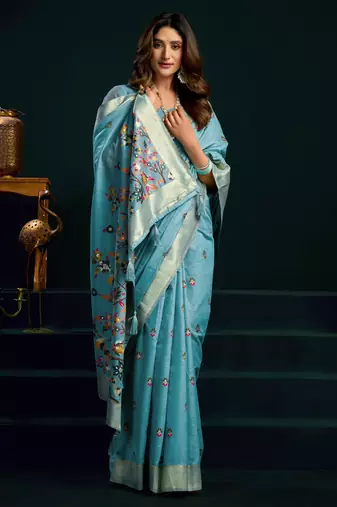 Women's turquoise muga cotton meena zari woven saree with blouse