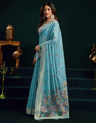 Women's turquoise muga cotton meena zari woven saree with blouse 3