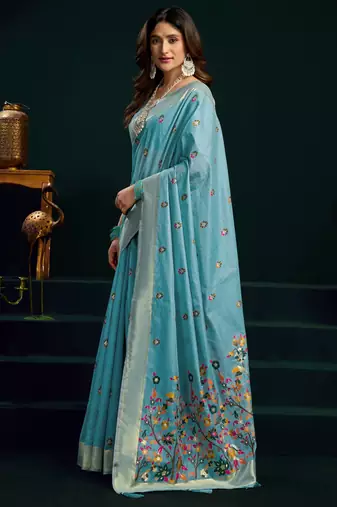 Women's turquoise muga cotton meena zari woven saree with blouse