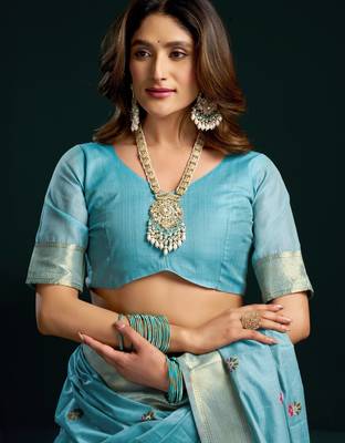 Women's turquoise muga cotton meena zari woven saree with blouse 4