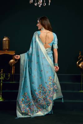 Women's turquoise muga cotton meena zari woven saree with blouse 5