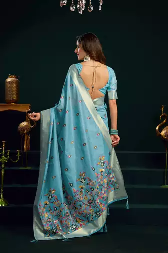 Women's turquoise muga cotton meena zari woven saree with blouse