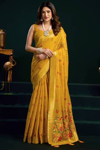 Women's yellow muga cotton meena zari woven saree with blouse
