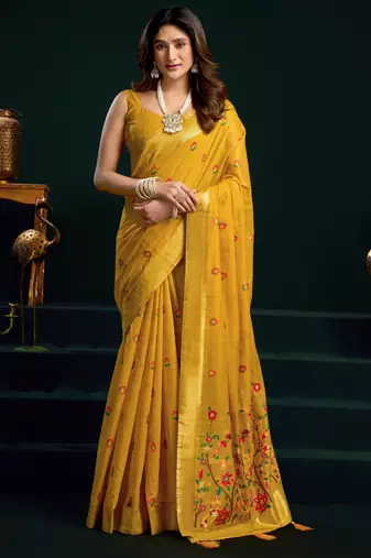 Women's yellow muga cotton meena zari woven saree with blouse