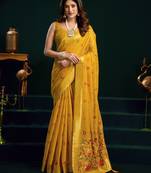 Women's yellow muga cotton meena zari woven saree with blouse