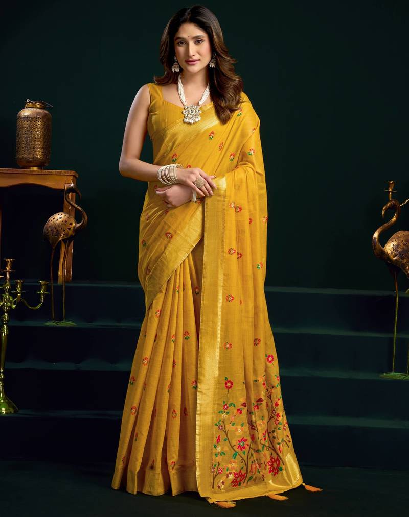 Women's yellow muga cotton meena zari woven saree with blouse