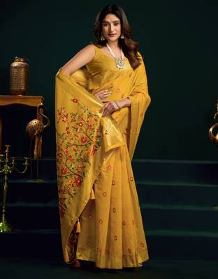 Women's yellow muga cotton meena zari woven saree with blouse 2