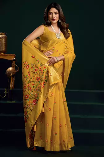 Women's yellow muga cotton meena zari woven saree with blouse