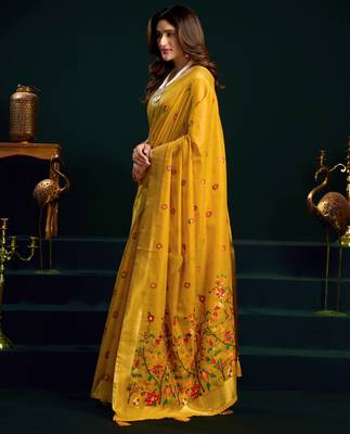 Women's yellow muga cotton meena zari woven saree with blouse 3