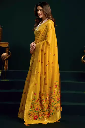Women's yellow muga cotton meena zari woven saree with blouse