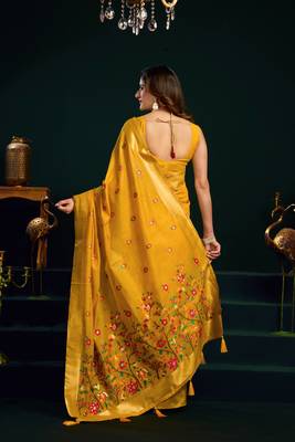 Women's yellow muga cotton meena zari woven saree with blouse 5