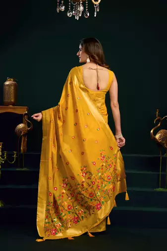 Women's yellow muga cotton meena zari woven saree with blouse